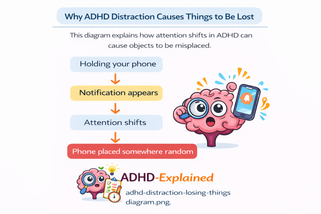 Diagram explaining ADHD distraction and losing objects
