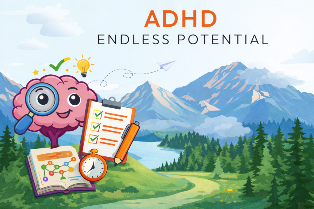 Illustration of a cartoon ADHD brain with a magnifying glass, checklist, and clock symbolizing understanding the ADHD brain and its endless potential.