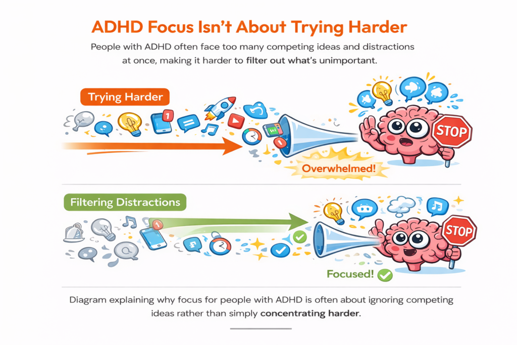 diagram explaining why ADHD focus is about filtering distractions rather than trying harder
