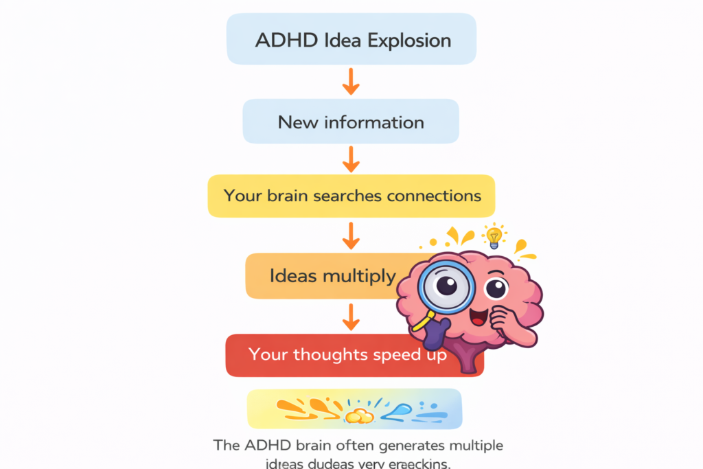 Diagram explaining how the ADHD brain generates multiple connected ideas very quickly.