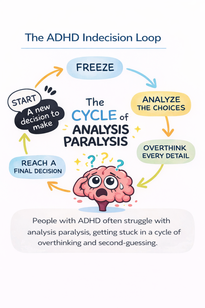 Diagram showing the ADHD indecision loop: freeze, analyze choices, overthink details, feel stuck, and repeat.