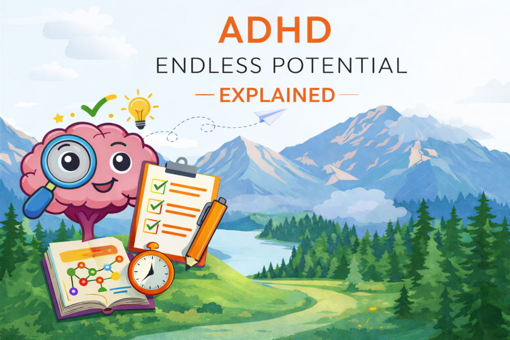Illustration of a cartoon ADHD brain with a magnifying glass, checklist, and clock symbolizing understanding the ADHD brain and its endless potential.
