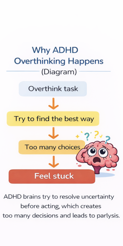 Diagram showing how ADHD overthinking leads to too many choices, causing confusion and making it difficult to start tasks.