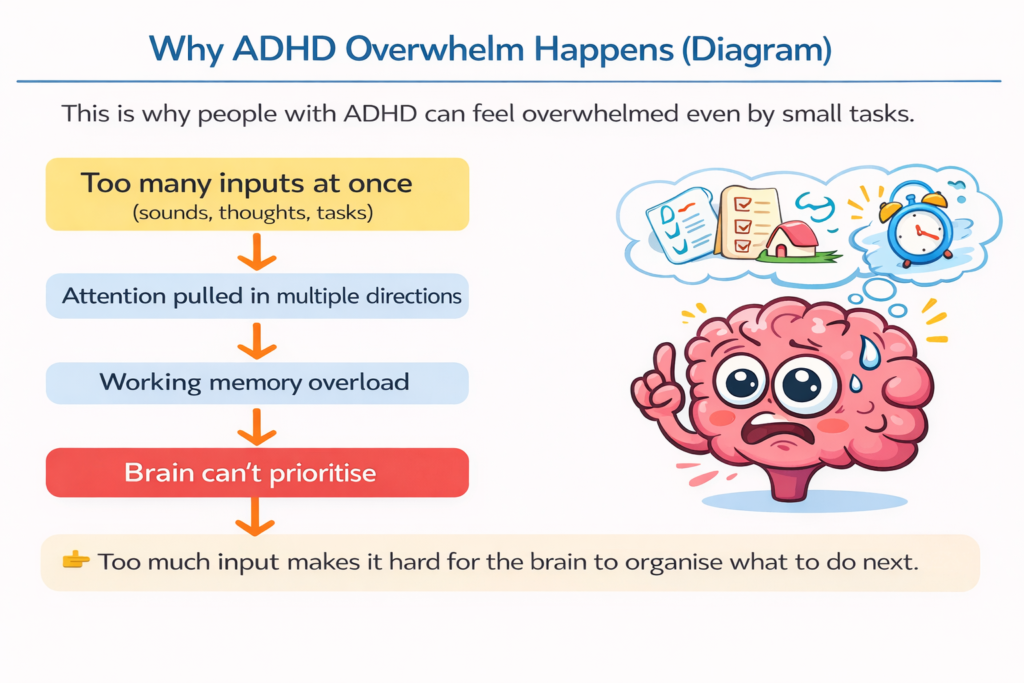 Diagram showing how ADHD overwhelm happens when too many inputs overload attention and working memory, leading to difficulty starting tasks.