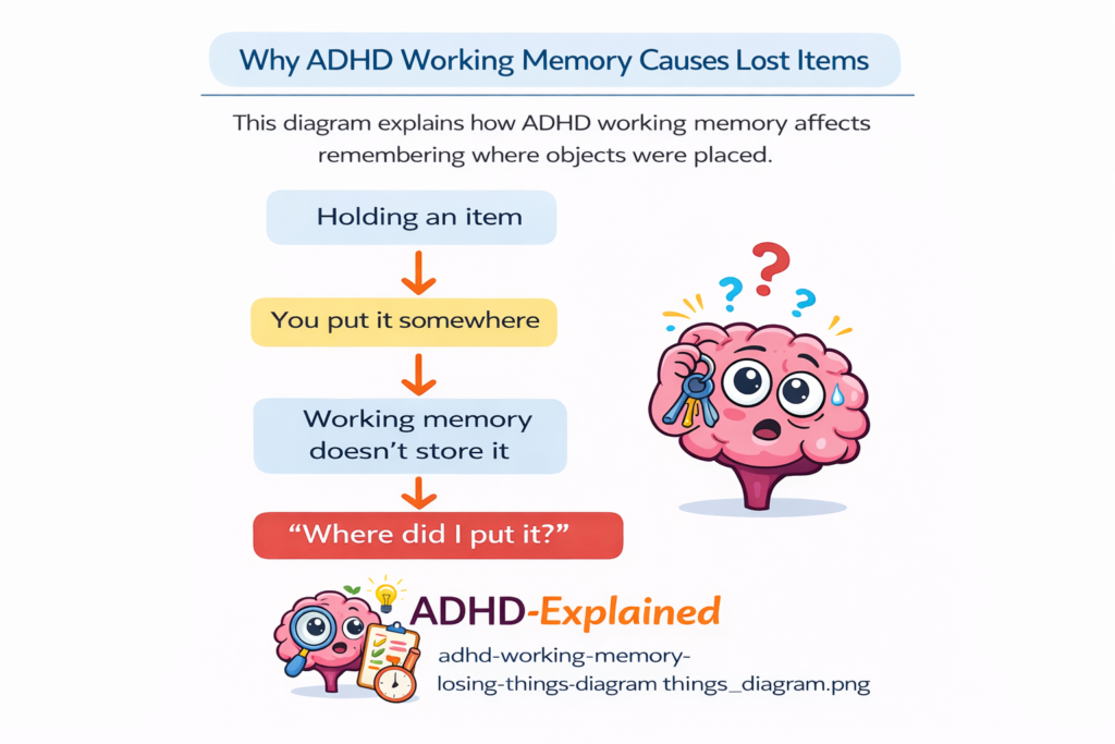 Diagram explaining ADHD working memory and losing objects