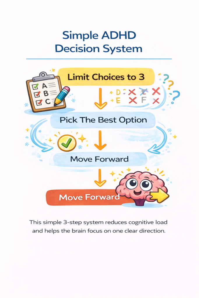Simple ADHD decision system showing limiting choices, picking one option, and moving forward