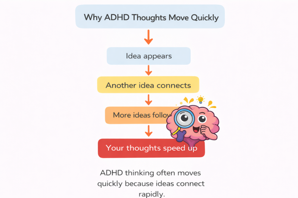 Diagram showing how ADHD thoughts connect rapidly causing fast thinking.