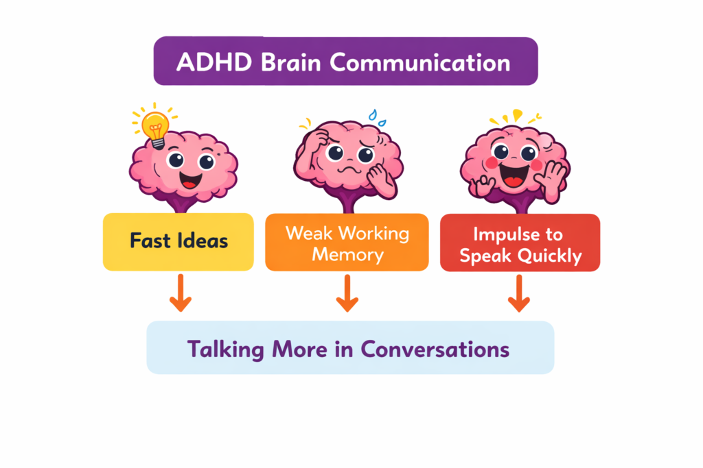 Diagram explaining why people with ADHD talk more in conversations due to fast ideas, working memory pressure, and impulse to speak quickly.